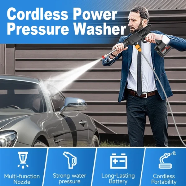 Portable Cordless Handheld High Pressure Car Wash Gun, 2 Rechargeable Battery Powered, Nozzle Stainless Steel Handheld Pressure Car Wash Gun Cleaning Kit for Car Detailing, Fencing, Floor Cleaning, Plants and more. - Image 6