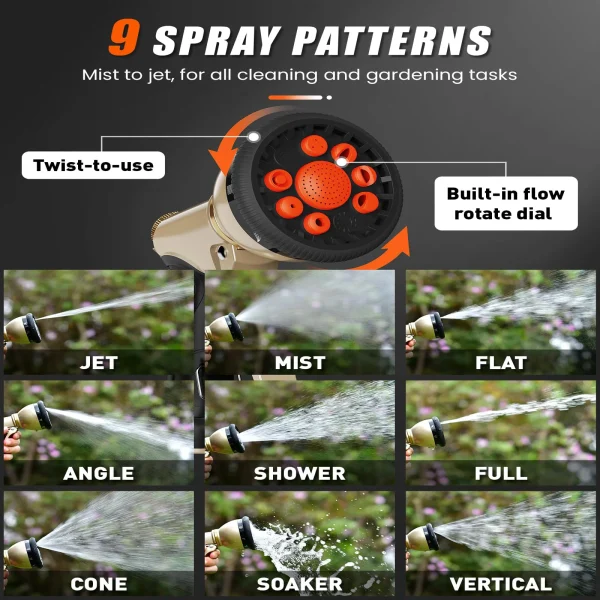 Heavy Duty 9 Patterns Adjustable Water Hose Spray Nozzle Gun for Watering Plants, Lawn& Garden, Washing Cars, Showering Pets - Image 4