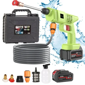 Portable Cordless Handheld High Pressure Car Wash Gun, 2 Rechargeable Battery Powered, Nozzle Stainless Steel Handheld Pressure Car Wash Gun Cleaning Kit for Car Detailing, Fencing, Floor Cleaning, Plants and more.